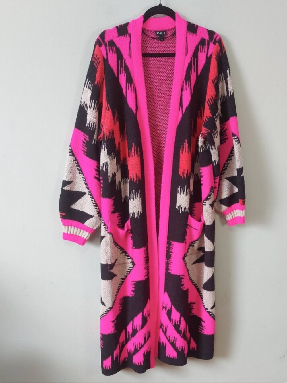 Torrid Geometric Open Front Long Duster Cardigan Plus Size 2 Pink Cozy Oversized - Picture 8 of 8